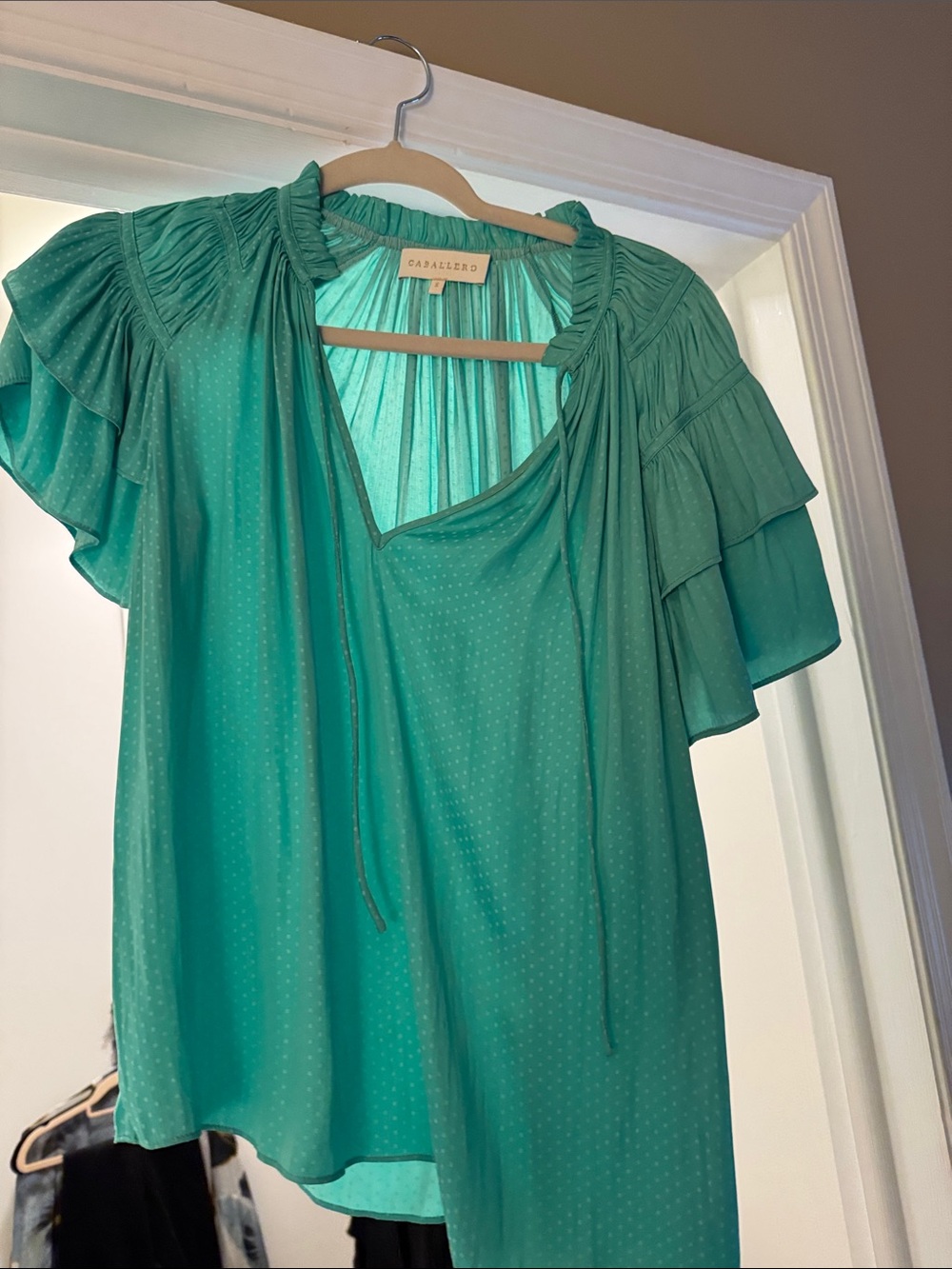Capallero Teal Ruffle Sleeve V-Neck Blouse